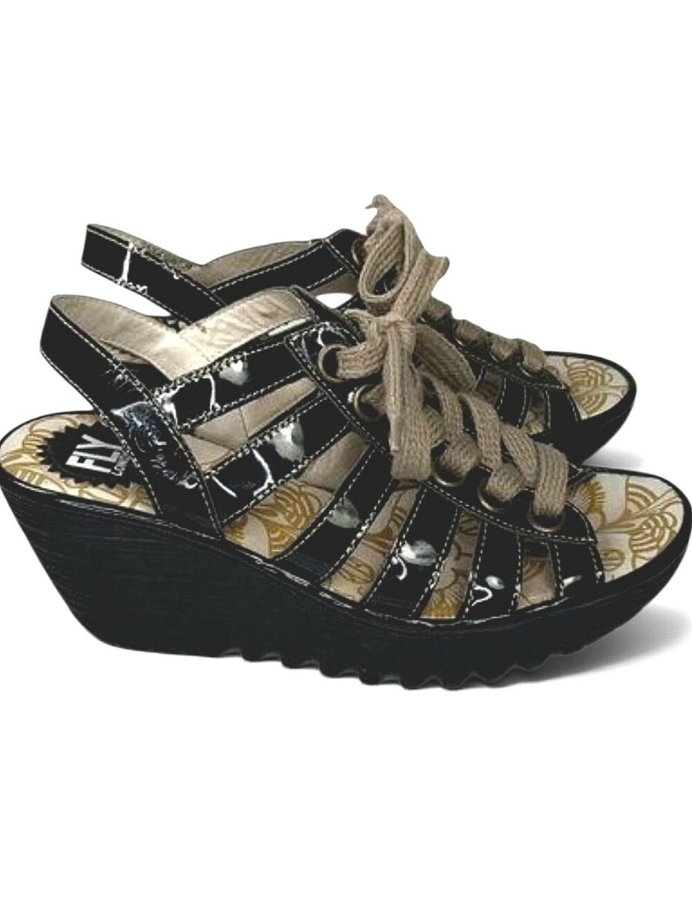 Fly London Yito Black Patent Leather Lace Up Wedge Sandals Sz 39 /9 EUC